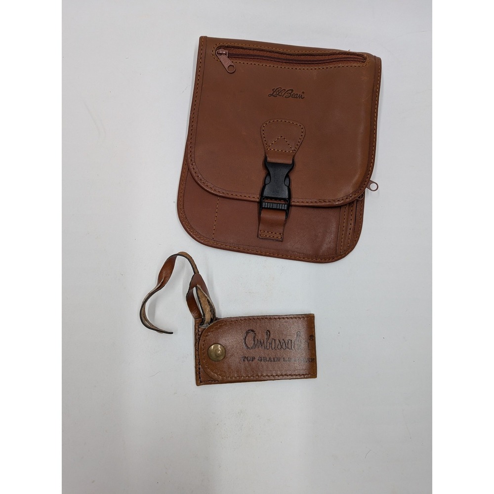LL Bean Leather Travel Wallet & Ambassador Leather Luggage Tag Set Brown